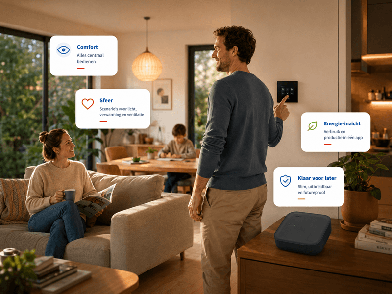 Famille utilisant une commande intelligente avec Niko Home Control dans une maison chaleureuse