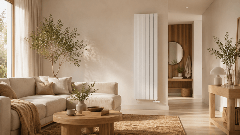 Radiateur design Stelrad dans une pièce de vie moderne comme solution de chauffage élégante