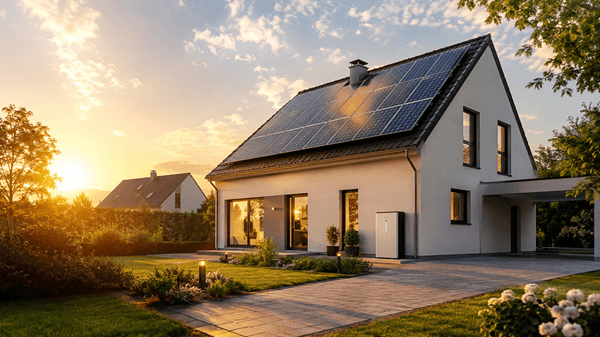 woning met zonnepanelen en thuisbatterij in warm zonlicht