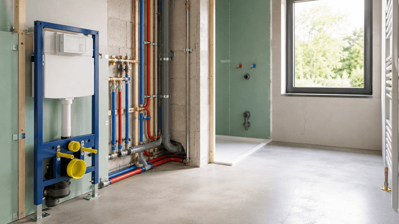 Conduites d’eau sanitaire et tuyaux d’évacuation dans une salle de bains moderne en construction