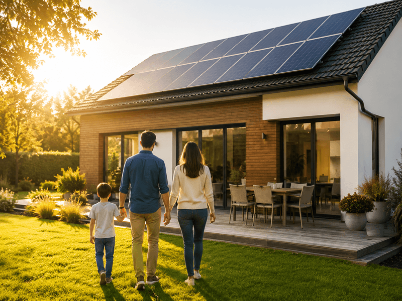 Gezin bij energiezuinige woning met zonnepanelen voor Easykit Summer Sales