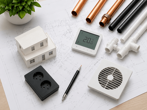 Technische plannen met sanitair verwarming ventilatie en elektriciteit voor een Easykit zelfbouwproject