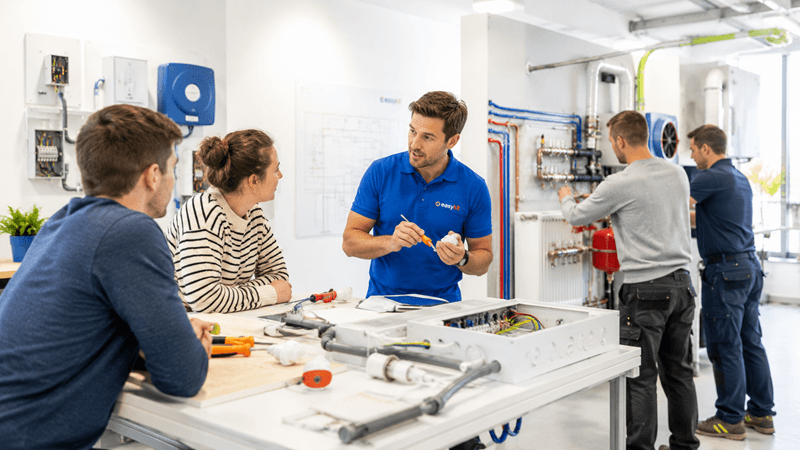 Deelnemers volgen een praktische zelfbouwopleiding over woningtechnieken bij Easykit