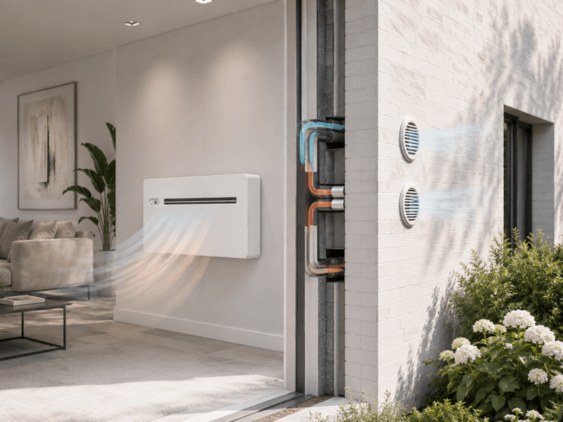 Werking van een airco zonder buitenunit met twee ventilatieroosters in de buitenmuur